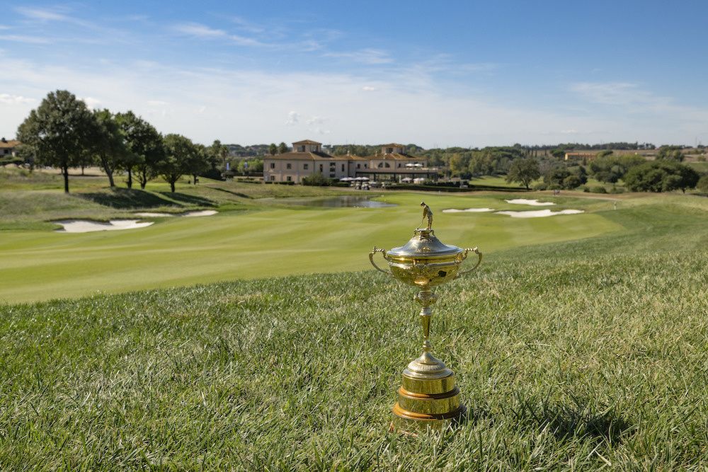The Ryder Cup on the 18th hole at Marco Simone Golf and Country Club at the One Year to Go celebrations in Rome